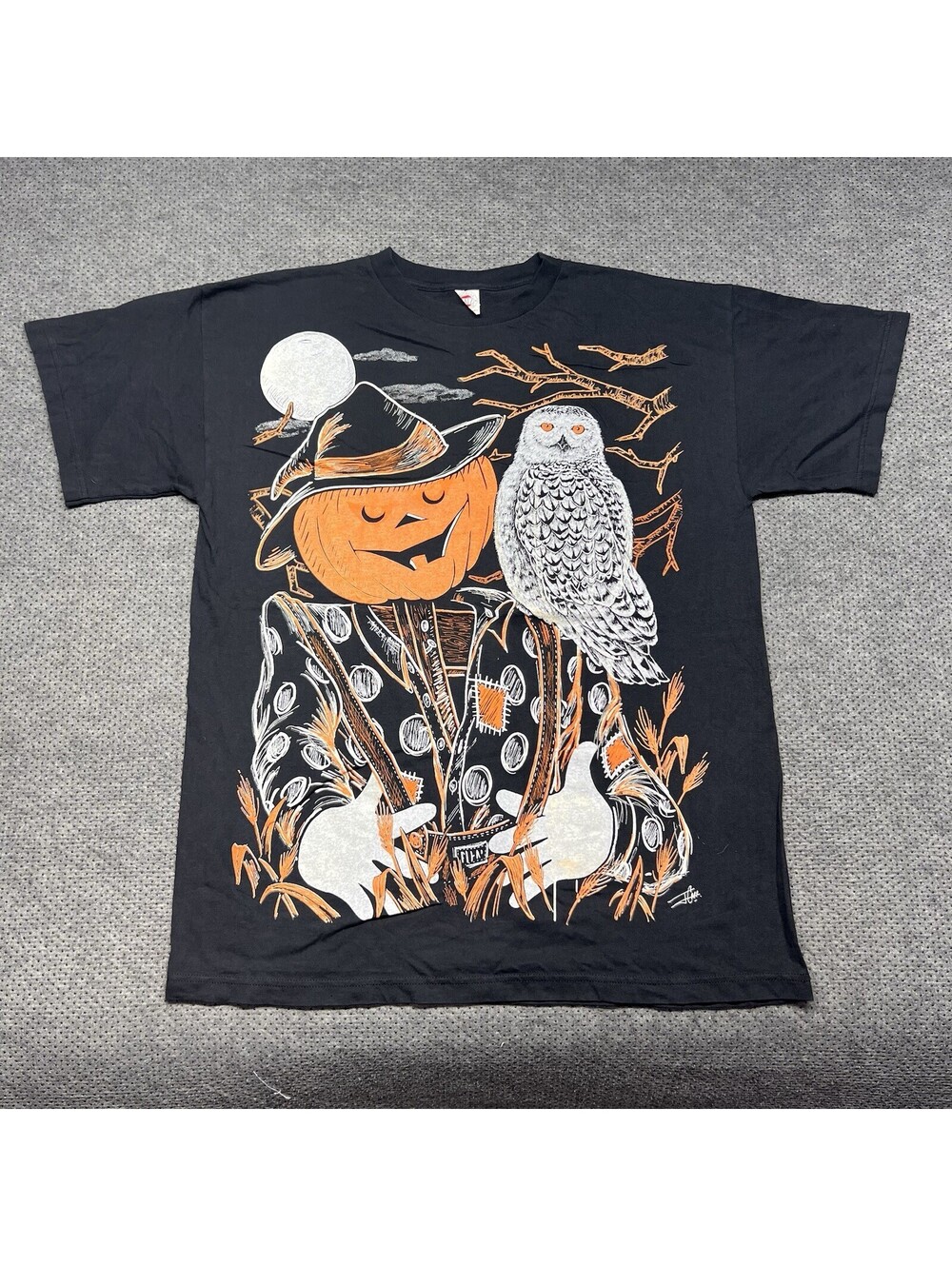 Vintage 1990S Halloween Scarecrow Owl T-Shirt XXL Rare Men’s Black AOP USA Made